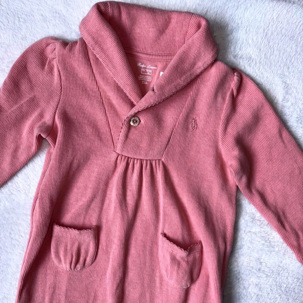 Ralph Lauren Baby Girls Pink Ribbed Cotton Shawl Collar Romper 12M